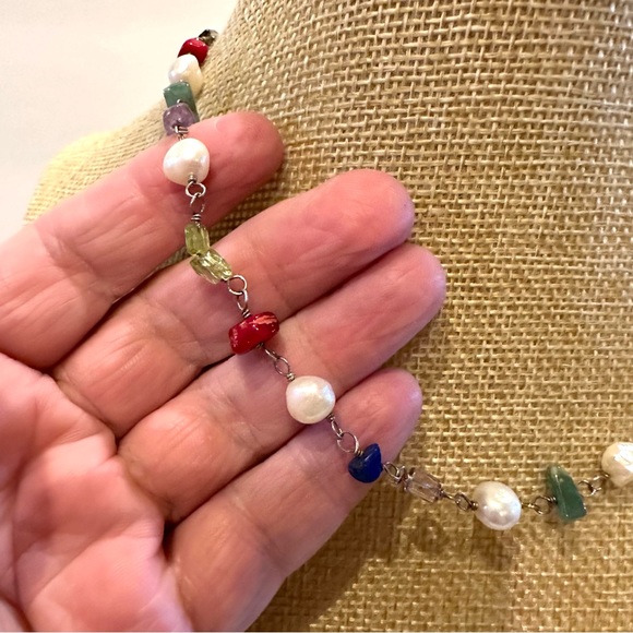 Sterling Silver 925 & Multi-color Genuine Gemstone & Pearl Necklace amethyst - Picture 4 of 8